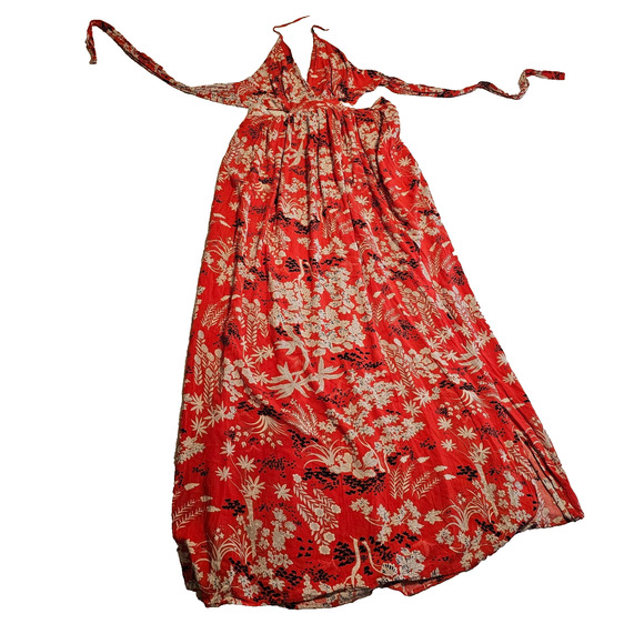 Aakaa Anthropologie Sz Large Rayon Cherry Red Floral Halter Tank Slip Sun Dress - Picture 2 of 13